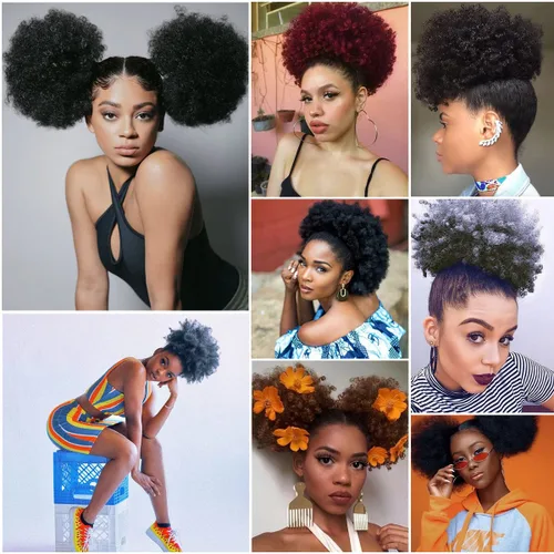 Miniatura 5 de Cola de caballo afro con cordón y clip en moño de cabello natural marrón oscuro, extensiones de cabello corto rizado para mujeres negras