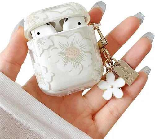 Miniatura 18 de MINSCOSE Funda transparente compatible con AirPods 1/2, bonito diseño de patrón de flores de dibujos animados con llavero floral, funda protectora
