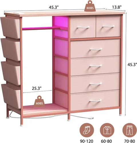 Miniatura 3 de Cómoda de 6 cajones para dormitorio con perchero, cómoda con bolsillos laterales y ganchos, estación de carga y luces LED, parte superior de madera