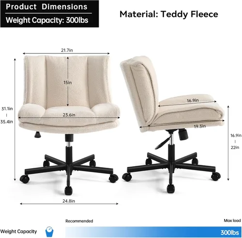Miniatura 3 de LEAGOO Silla cruzada con ruedas, silla de maquillaje sin brazos con asiento ancho peludo, silla de tocador ajustable en altura, convertible entre