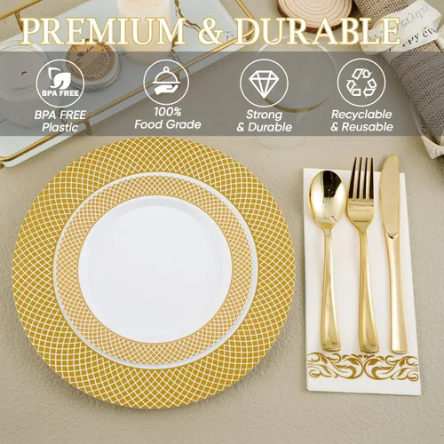Miniatura 3 de FOCUSLINE Juego de vajilla de oro de 175 piezas para 25 invitados - Platos desechables de plástico con rejilla dorada, incluye 25 platos para cena
