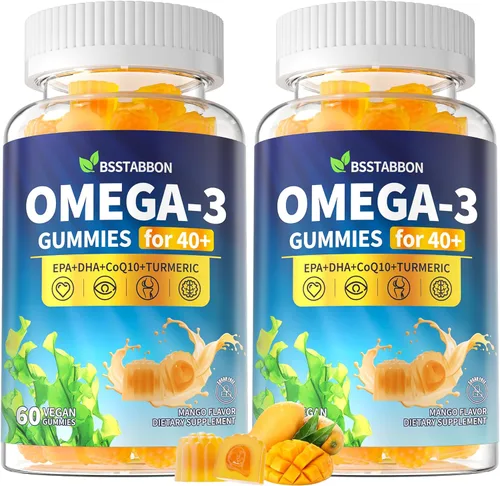 Suplemento de gomitas de Omega-3 para adultos de 40+: 1280mg de ácidos grasos veganos Omega3 DHA EPA con vitamina D3 K2 zinc cúrcuma para apoyo
