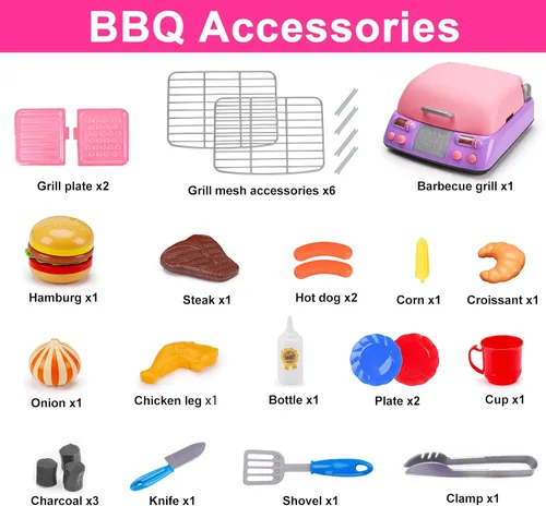Miniatura 8 de Juego de barbacoa para niños, juego de cocina con luz de sonido de humo de simulación, para niñas pequeñas, color rosa, para niños de 3 a 5 años, 4