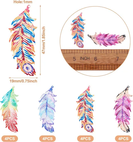 Miniatura 5 de FASHEWELRY 16 dijes de plumas de arco iris de acero inoxidable con alas de filigrana, adornos de metal de 4 colores para hacer joyas, pulseras