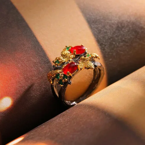 Miniatura 4 de Gothic Ruby Black Rings Women - Colorful Rhinestone Golden Leaf Copper Rings