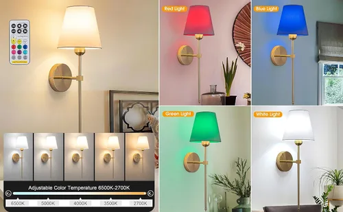 Miniatura 2 de Juego de 2 apliques de pared, apliques de pared regulables con control remoto, lámpara de pared interior sin cableado para dormitorio, lámpara