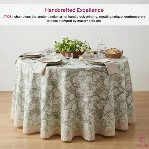 Miniatura 3 de ATOSII Mantel Redondo Bohemio Jade de Algodón 100%, Mantel de Lino con Estampado Floral de Bloques para Comedor, Fiestas, Bodas, Exteriores I