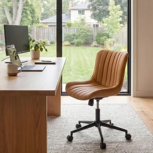 Miniatura 21 de YOUNIKE Silla ergonómica de escritorio para oficina en casa con ruedas, cómoda silla cruzada sin brazos con respaldo ajustable, moderna silla Marrón