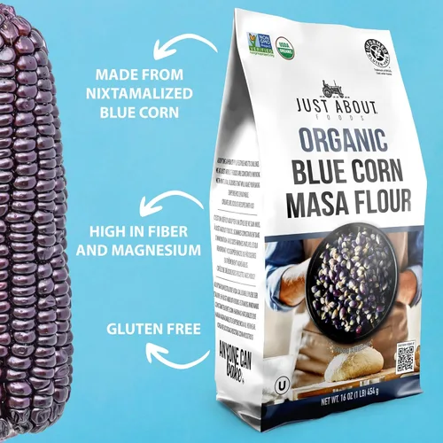 Miniatura 3 de Just About Foods Harina de Maíz Azul Orgánico USDA Orgánico Sin Gluten, Kosher y Vegano 1 LB (454 g) Paquete de 2