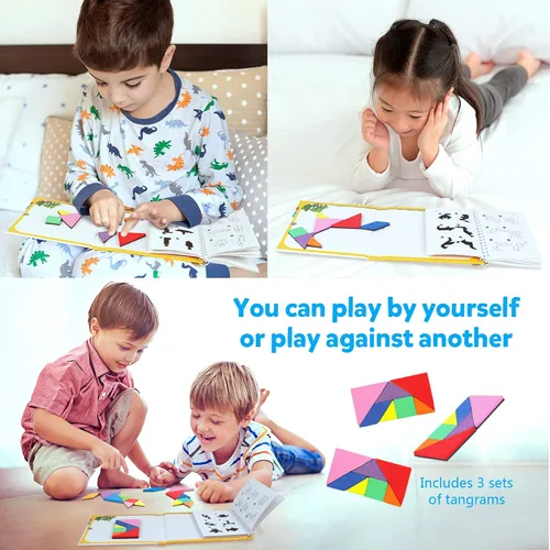 Miniatura 5 de Vanmor Rompecabezas de Tangram de viaje, 3 juegos de tangram magnético con solución 240, bloques de patrón de forma Montessori, rompecabezas