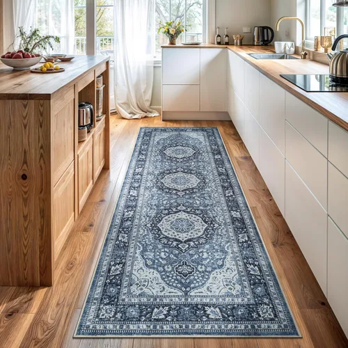Miniatura 38 de Bloom Rugs Caria Alfombra Lavable Antideslizante de 7 pies - Azul/Carbón Alfombra Tradicional para Entrada, Pasillo, Baño y Cocina - Tamaño Exacto