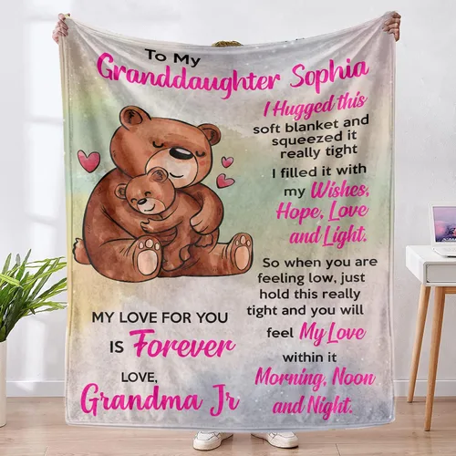 Manta personalizada con texto en inglés «To My Granddaughter from Grandma Mom Grandpa», manta personalizada con letras de oso, manta de microforro