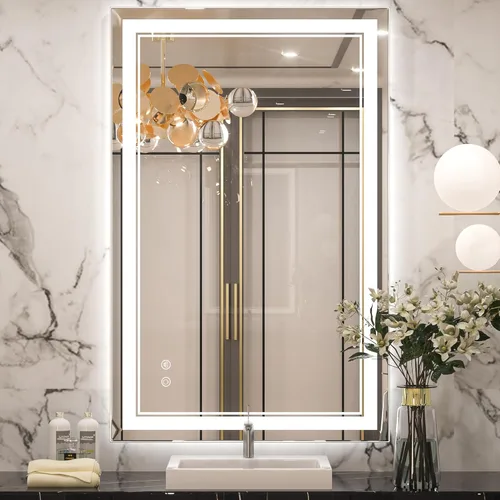 Keonjinn Espejo LED para baño de 39.76 x 24.01 pulgadas, espejo de baño frontal y retroiluminado con luces, vidrio templado HD, 3 luces de color,
