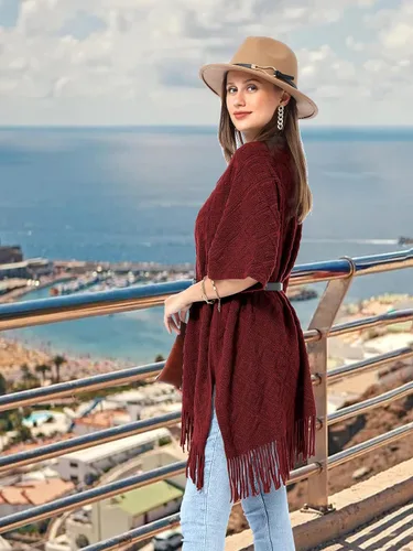 Miniatura 24 de Soul Young - Chal de punto para mujer, poncho con flecos y capa