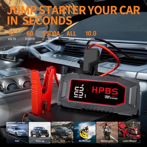 Miniatura 2 de Arrancador de 5000 A con compresor de aire, arrancador portátil de batería de coche con inflador de neumáticos de 150 PSI para motores de gasolina