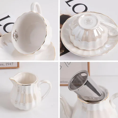 Miniatura 4 de Sweejar Juegos de té de porcelana de la serie British Royal, tazas y platillo de 8 onzas para 6, con tetera, azucarero, jarra de crema, cucharaditas
