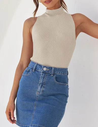 Miniatura 7 de ZESICA Camisetas sin mangas de verano para mujer, cuello de tortuga, de punto acanalado, ajustadas, básicas, casuales
