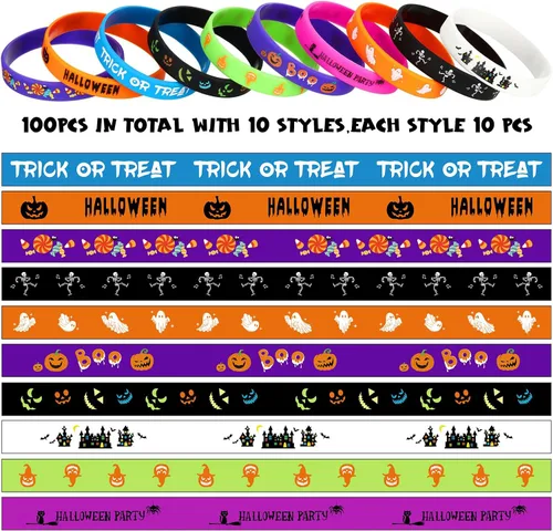 Miniatura 3 de Hiboom 100 Pcs Halloween Rubber Bracelets Bulk Halloween Party Favor Trick or Treat Goodie Bag Stuffer Filler Rubber Silicone Wristband Gift for