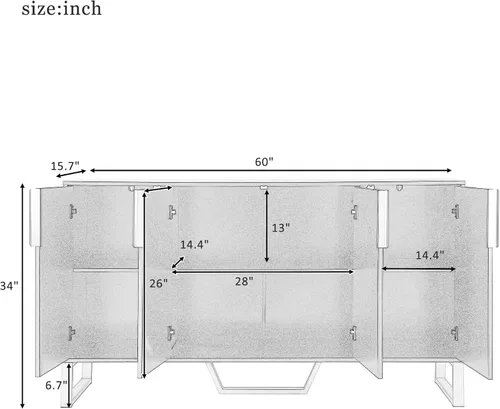 Miniatura 2 de Quarte Aparador moderno de lujo con cuatro puertas, asas y patas de metal y estantes ajustables, mesa consola de armario de cocina para sala