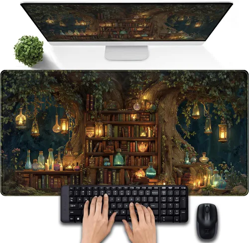Miniatura 26 de Tapete de escritorio de bosque anime, lindo tapete de mouse verde, tapete de escritorio completo Kawaii estético XXL para juegos Mousemat XL