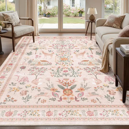 Miniatura 36 de Alfombra de área de 5 x 7 pies para sala de estar, alfombra verde boho antideslizante lavable, alfombra vintage de pelo bajo, alfombra grande