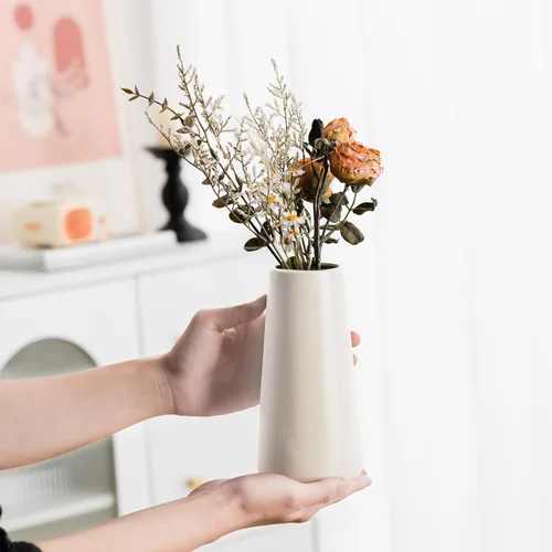 Miniatura 8 de Jarrón de cerámica beige – Florero neutro de 8 pulgadas para decoración del hogar, jarrón bohemio blanco roto, jarrones crema para flores, jarrones
