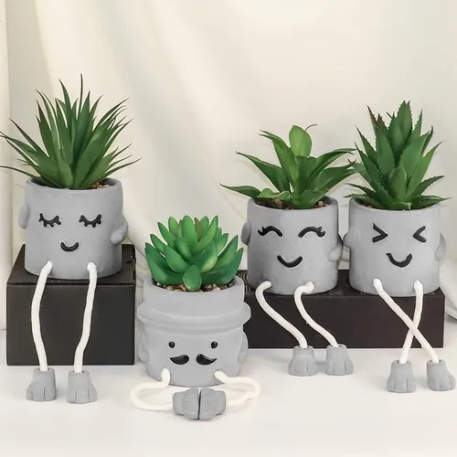 Miniatura 7 de MAKHOT 4 plantas suculentas artificiales creativas con maceta de cemento, planta pequeña falsa para escritorio, suculentas falsas para decoración