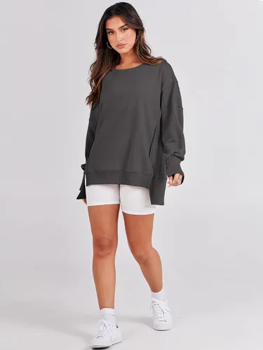 Miniatura 6 de ANRABESS Sudaderas de gran tamaño para mujer, con cuello redondo, manga larga, casuales y holgadas, con aberturas, ropa de otoño 2025