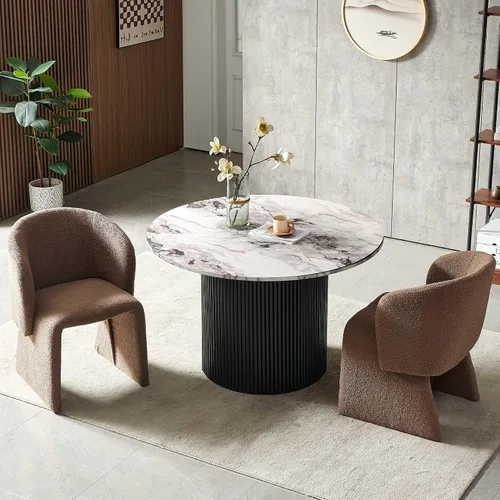 Homedot Juego de mesa de comedor de 3 piezas para 2, mesa de cocina redonda de 47" y sillas de comedor tipo barril tapizadas en marrón, juego de