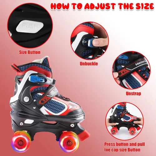Miniatura 4 de Nattork - Patines de ruedas para niños y niñas, 4 tamaños, patines ajustables con ruedas iluminadas, divertidos patines para niños pequeños, Rojo