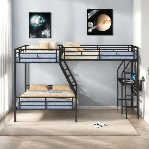 Miniatura 9 de SOFTSEA Literas triples de metal para adolescentes, litera en forma de L individual sobre individual para 3 niños, individual sobre individual sobre