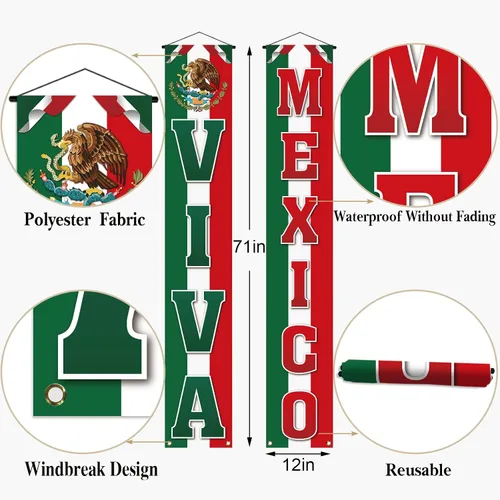 Miniatura 2 de Pudodo Viva México Porche Banner Dia De La Independencia Día de la Independencia Mexicana Fiesta Puerta Frontal Colgante de Pared Banner Decoración