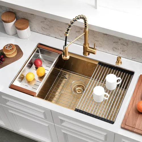 Miniatura 3 de Fregadero de cocina dorado de 32 x 19 pulgadas, acero inoxidable de calibre 16, fregadero de cocina dorado de 10 pulgadas de profundidad, incluye