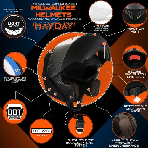 Miniatura 2 de Milwaukee Helmets H7005 Flat Black MayDay Modular Casco de motocicleta inalámbrico de cara completa - Stream Music-Llamadas telefónicas