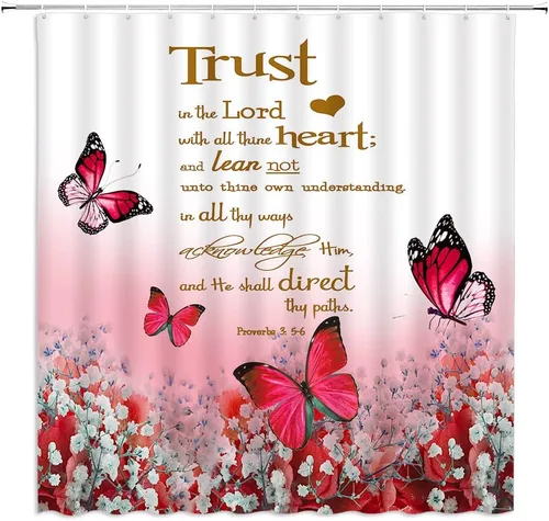 Miniatura 8 de GCTNBJL Cortina de ducha con cita inspiradora, diseño de mariposa y flores azules y verde azulado con texto en inglés "Trust in the Lord