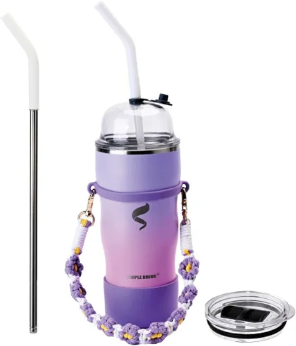 Miniatura 15 de Vaso aislado de 20 onzas con popote y tapa, pajitas de acero inoxidable para vaso, taza de viaje al vacío de doble pared, a prueba de derrames, taza
