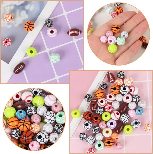 Miniatura 4 de EVERMARKET 400 cuentas de bolas deportivas para hacer joyas, cuentas deportivas acrílicas a granel, béisbol, baloncesto, fútbol, voleibol, sóftbol