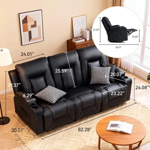 Miniatura 2 de COMHOMA Juego de muebles de sala de estar, juegos de sofá reclinable manual de piel sintética con portavasos, sofá reclinable, sofá biplaza
