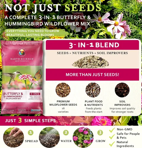 Miniatura 3 de Earth Science Mezcla de flores silvestres y colibríes, 6 libras, semillas de flores silvestres 3 en 1 premium, alimentos para plantas
