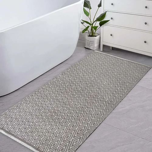 Miniatura 6 de Chardin home Alfombra de pasillo 100% algodón con diamantes de 2 x 5 pulgadas, totalmente reversible, lavable a máquina, beige grisáceo y blanco