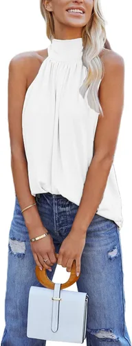 Miniatura 4 de Remidoo Camiseta sin mangas casual para mujer, cuello con lazo frontal, plisado