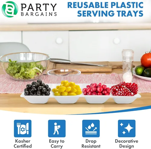 Miniatura 7 de Party Bargains Bandeja rectangular seccional desechable blanca (paquete de 4) de 5 x 16 pulgadas. Bandeja de plástico con 4 compartimentos