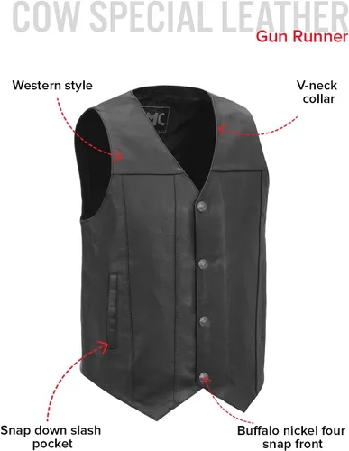 Miniatura 2 de First Mfg Co - Gun Runner - Chaleco de cuero para motocicleta para hombre, estilo occidental, estilo vaquero, con un panel en la espalda, cuello en V