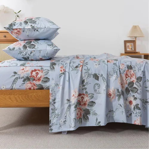 Miniatura 22 de FADFAY Juego de sábanas tamaño King, 100% algodón, elegante ropa de cama de granja con hojas verdes menta y flores blancas, sábana suave