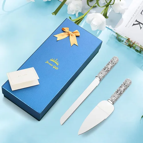 Miniatura 9 de Juego de cuchillo y servidor de plata para boda, juego de 2 piezas de postre con mango de metal con piedras de cristal para decoración de bodas