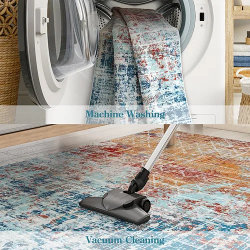 Miniatura 5 de Zealude Alfombra abstracta lavable para sala de estar, de 5 x 7 pies, color verde azulado y naranja, alfombra bohemia antideslizante, moderna
