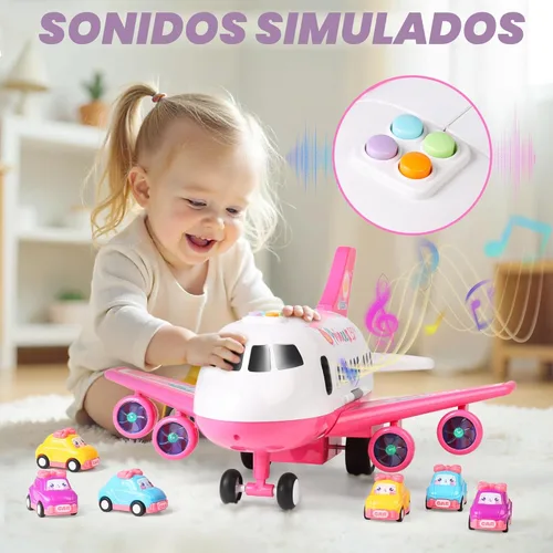Miniatura 6 de Dwi Dowellin Juguete de avión rosa con 6 camiones y tapete de juego, avión con luces y sonidos para niños y niñas de 3, 4, 5, 6, 7 años