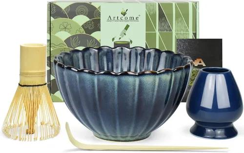 Artcome Juego de té Matcha: cuenco de matcha en forma de pétalo de 17 onzas, batidor de bambú, cuchara, soporte para batidor y guía de preparación,