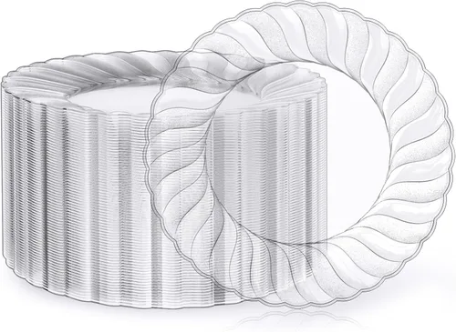 FOCUSLINE 100 unidades de platos de plástico transparente de 9 pulgadas, platos de cena desechables resistentes - Platos de plástico duro