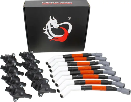 DRAGON FIRE PERFORMANCE Juego de bobinas de encendido de 0.59 pulgadas (0.591 in), cables de bujía de cerámica compatibles con Ford F250 F350 F450